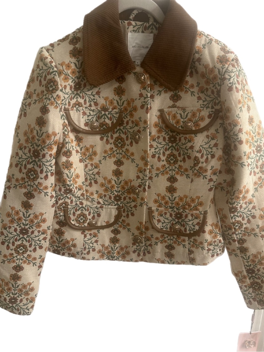 NWT Avec Les Filles Floral Jacquard Cropped Jacket Corduroy Collar size s